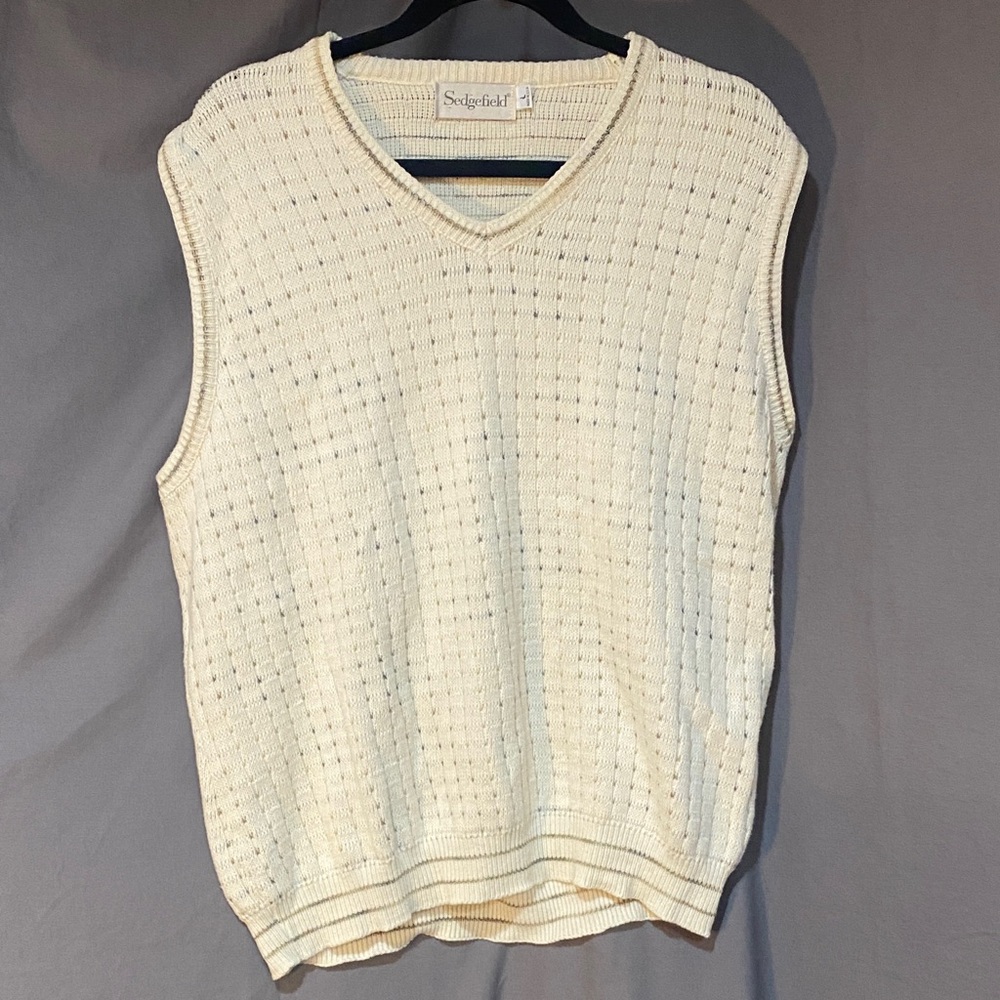 Sedgefield Ivory and Grey/tan Knit Sweater Vest.  Vintage. 100% Cotton